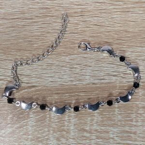 Silver Crescent Moon Bracelet Black Beads Adjustable Celestial Jewelry
